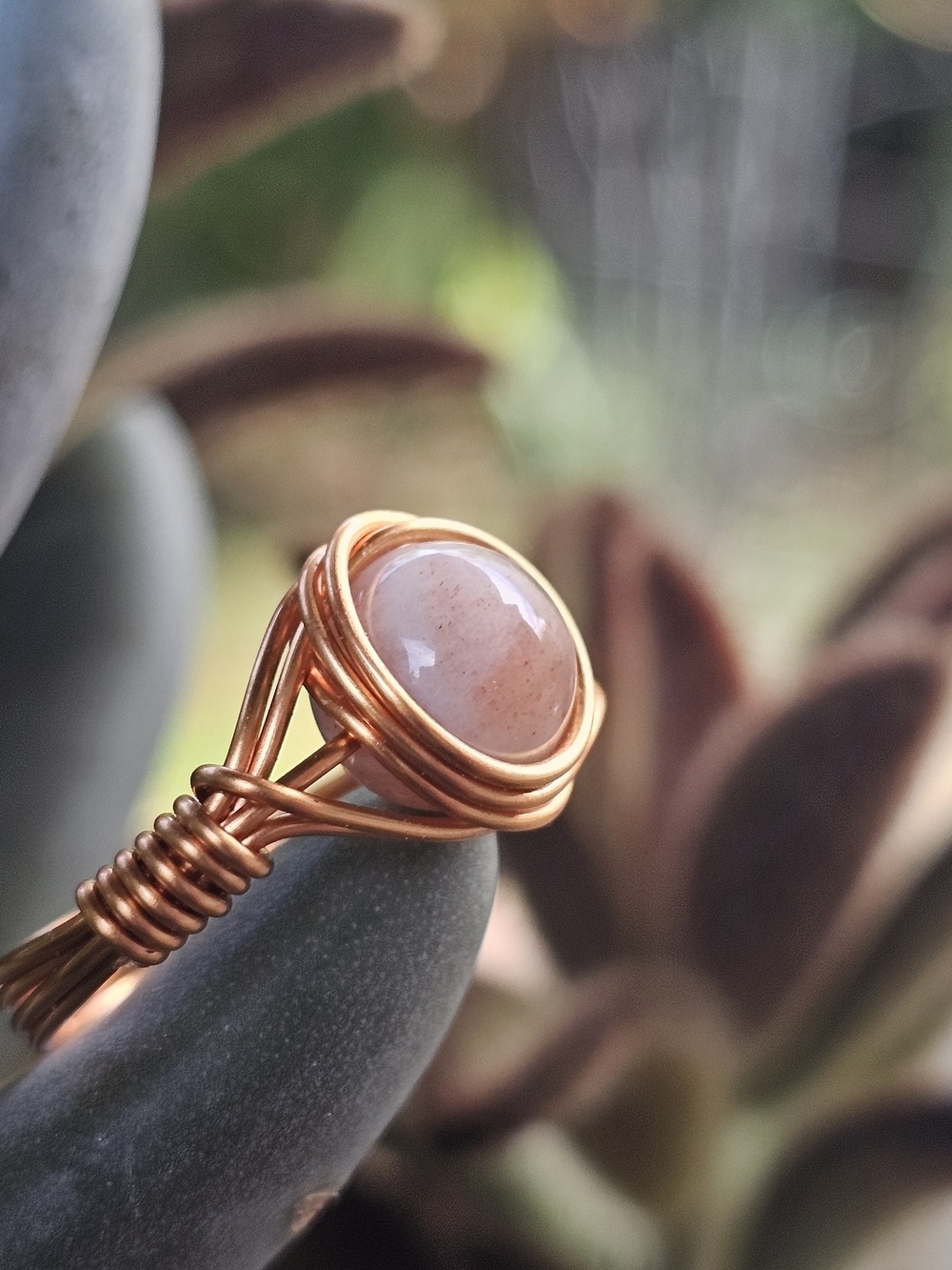 Handcrafted Copper Wire Ring with Peach Moonstone